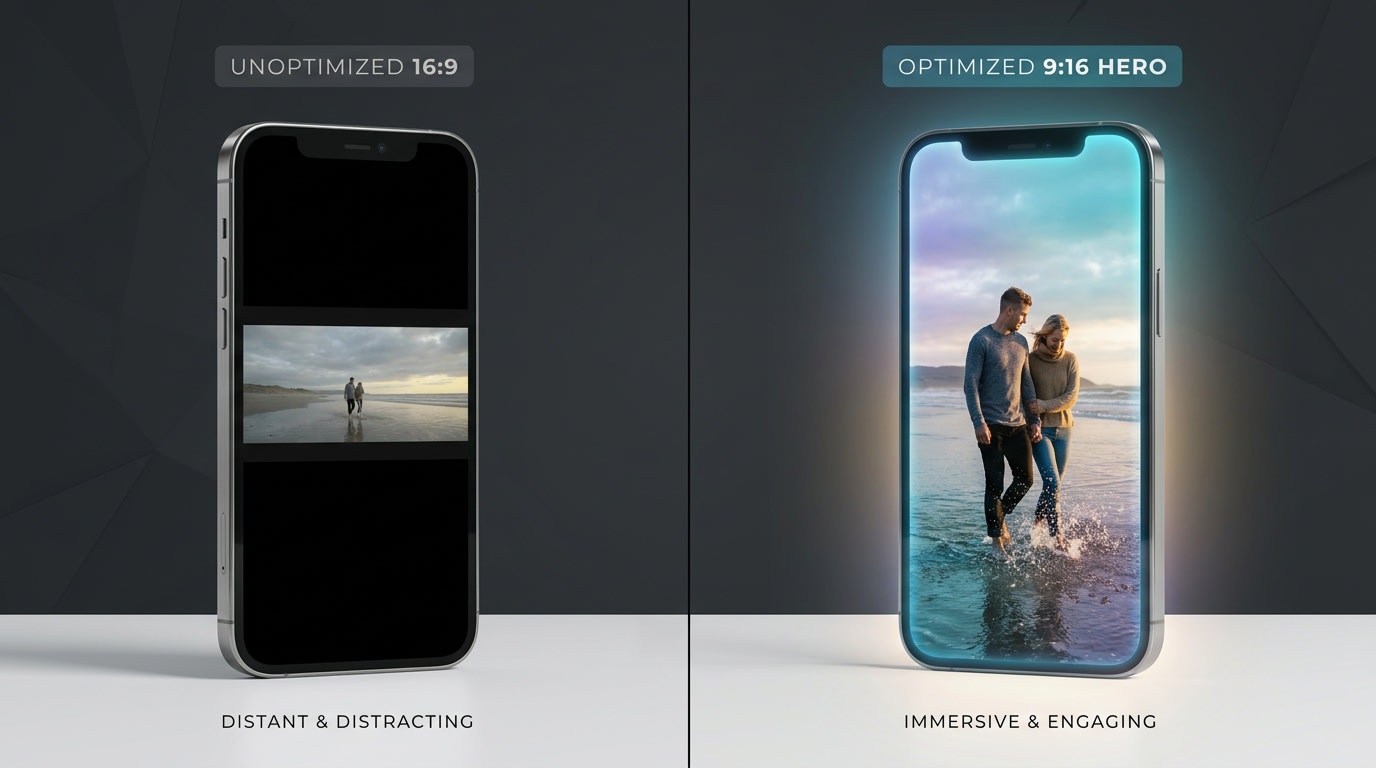 Side-by-side comparison of a landscape video poorly cropped on a mobile screen versus a perfectly optimized 9:16 vertical hero video
