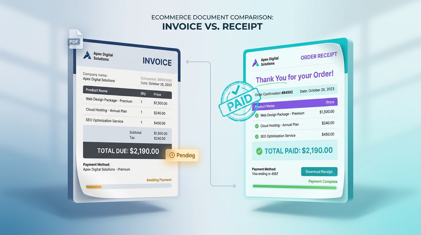 Side-by-side comparison of a Shopify PDF invoice requesting payment versus an order receipt confirming payment