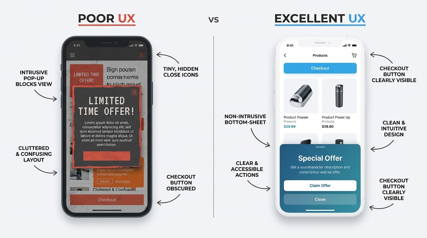 Split screen showing a bad popup blocking a mobile checkout button vs. a well-designed bottom-sheet popup
