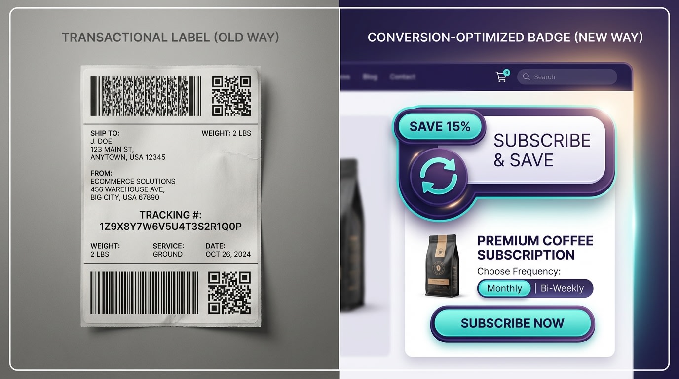 Split screen showing a boring black-and-white shipping label next to a bright, conversion-optimized 'Subscribe & Save' product badge on a Shopify storefront