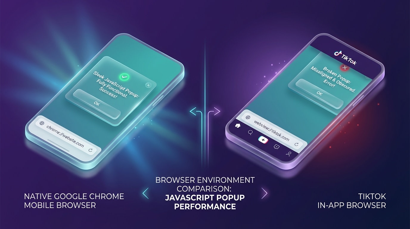 Technical diagram showing how standard JavaScript popups load differently in a native Chrome mobile browser versus the TikTok in-app browser