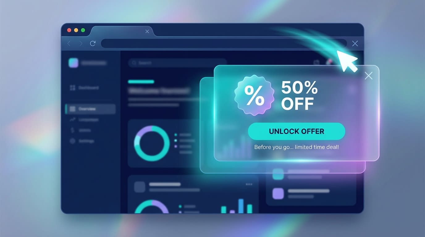 User cursor moving rapidly toward the browser close button, triggering a last-second targeted offer popup