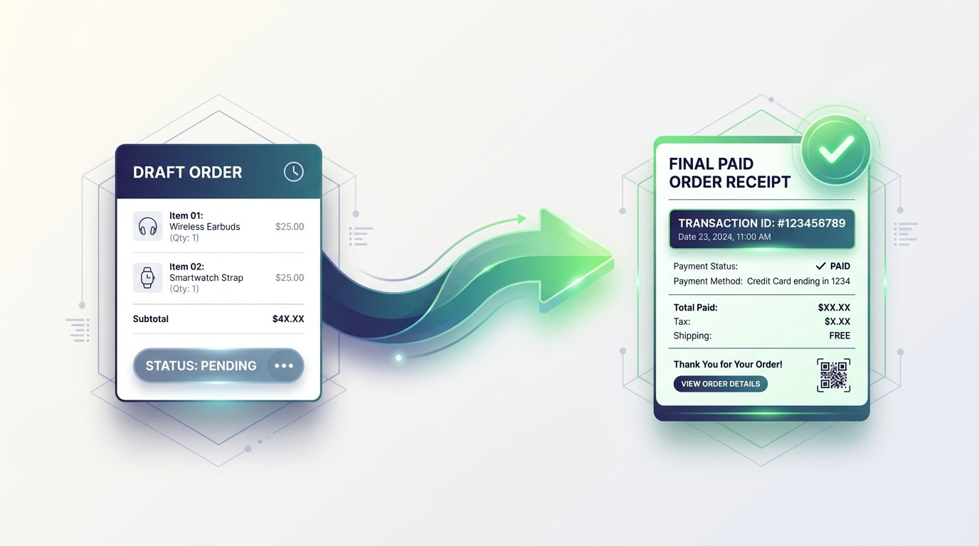 Visual flow chart showing a Shopify Draft Order converting into a Final Paid Order Receipt