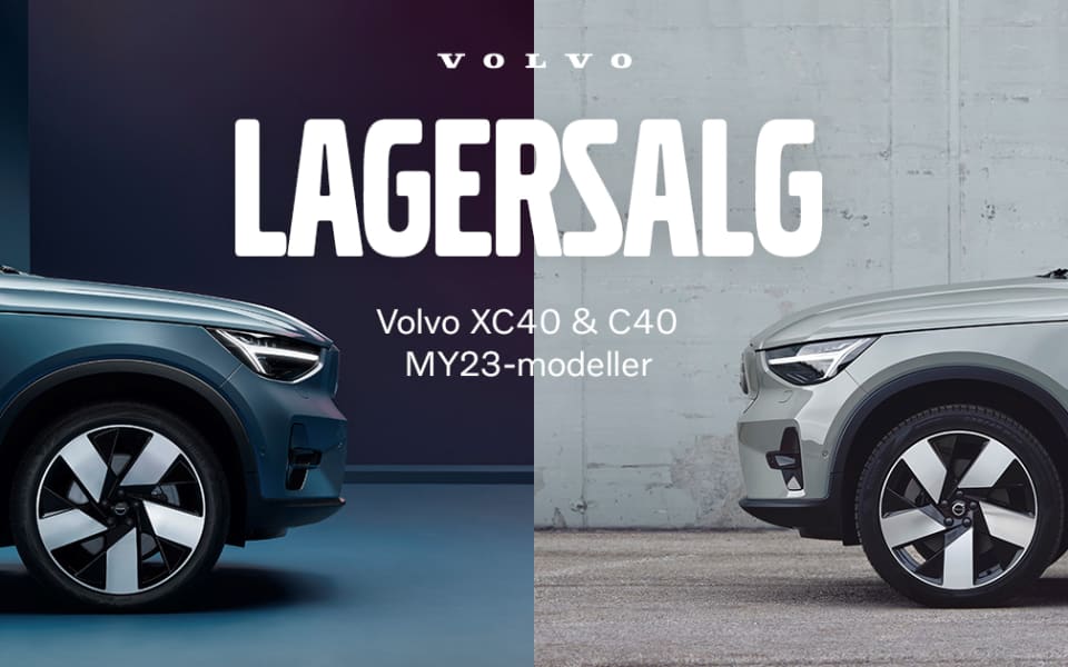 Bilde av Volvo C40 og Volvo XC40 sett fra siden. Teksten sier LAGERSALG.