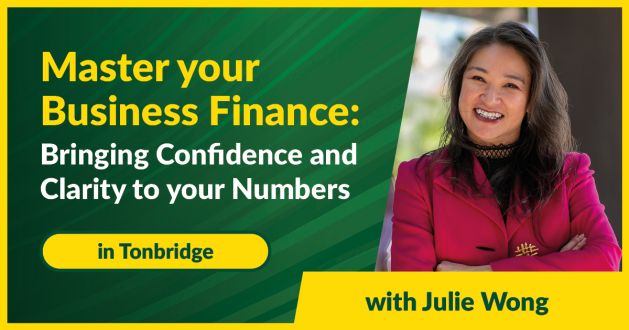 Green background with event title and location. Picture of smiling lady to the right of the image with 'with Julie Wong' underneath the picture Green background with event title and location. Picture of smiling lady to the right of the image with 'with Julie Wong' underneath the picture