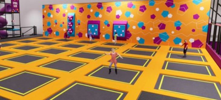 image shows a render of the design for the Trampoline area, a grid of bright orange with grey mesh trampolines and bright interactive wall