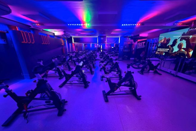 Spin studio set up with TV and mood lighting effect