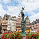 The historic town square of Romerberg with colorful half timbered houses