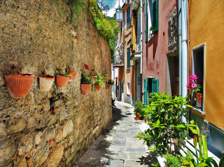 Cobbled Street with a Stone Wall in Cinque Terre