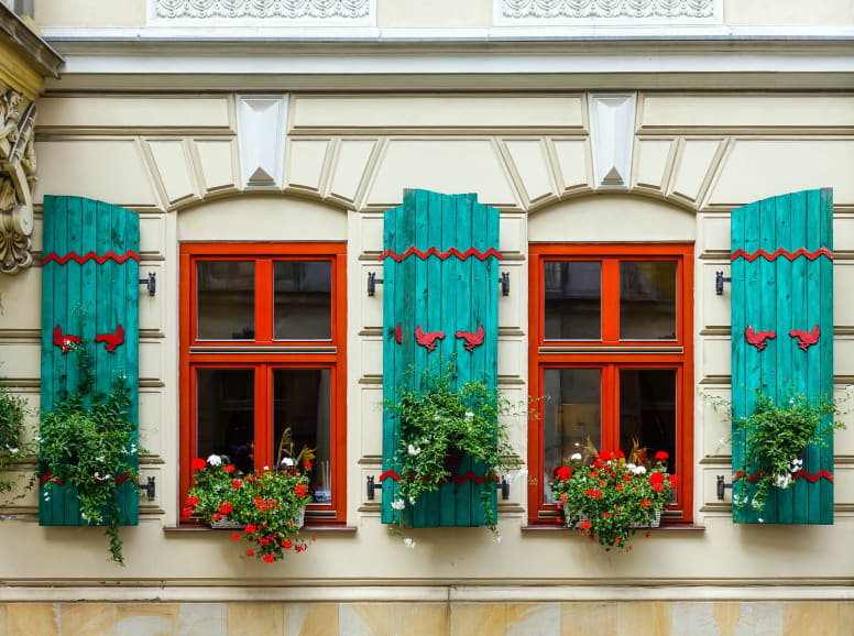 Red Trimmed Windows With Turquoise Shutters and Plants in Krakow
