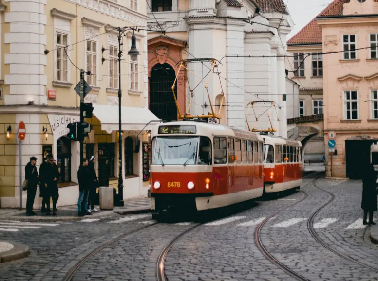 Tram Moving Through the City Center in Old Town Prague