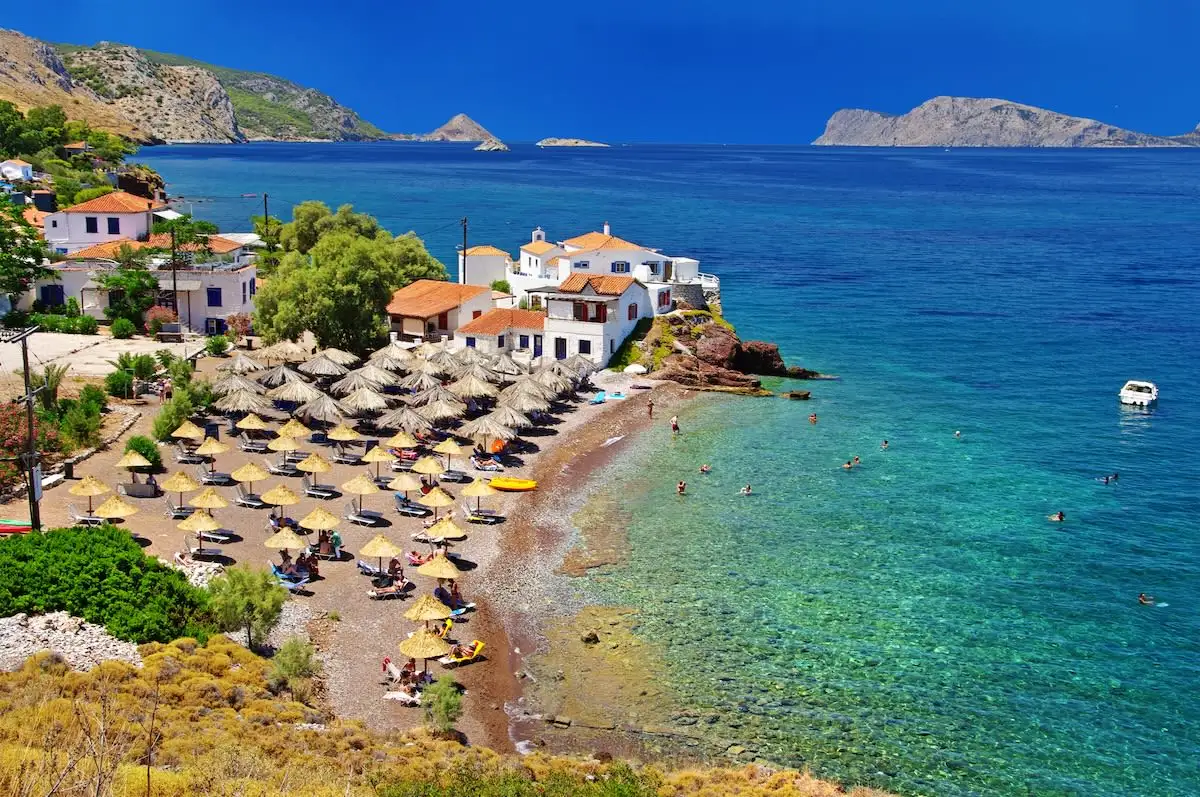 Beach and turquoise waters on Hydra Island