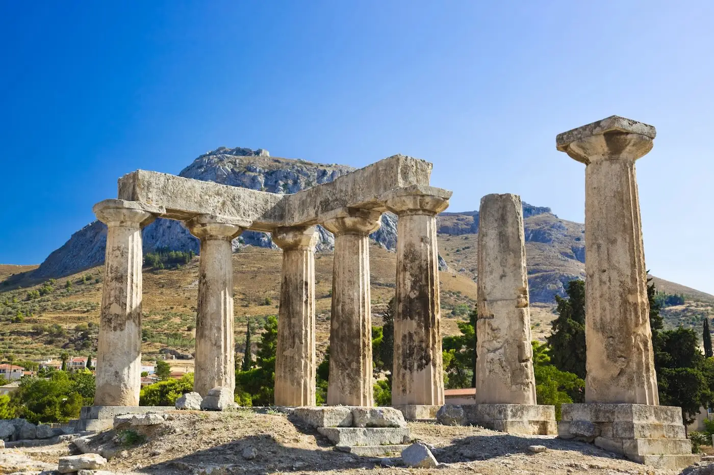Columns of Apollo Temple in Corinth Greece