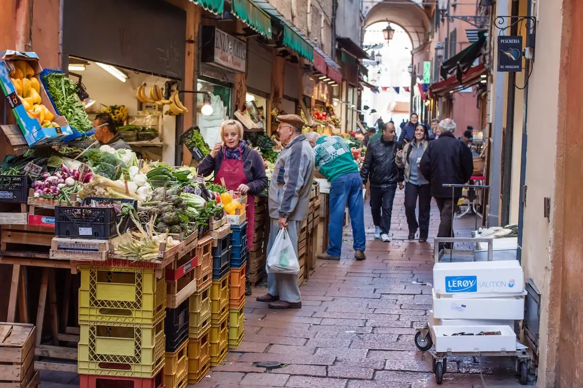 narrow street in Quadrilatero Market Area in bologna italy