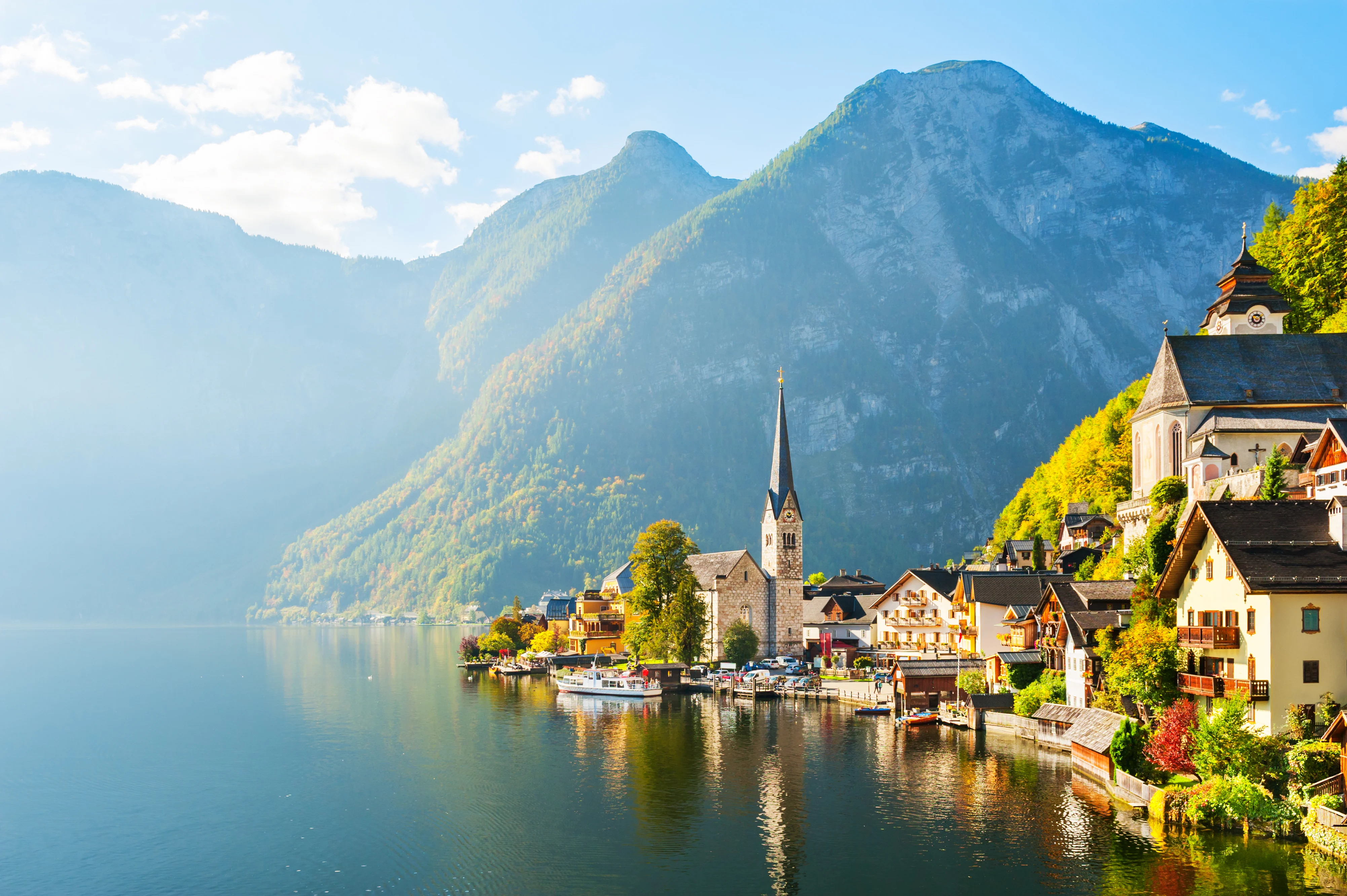 Pastel Houses in Town of Hallstatt Overlooking Lake