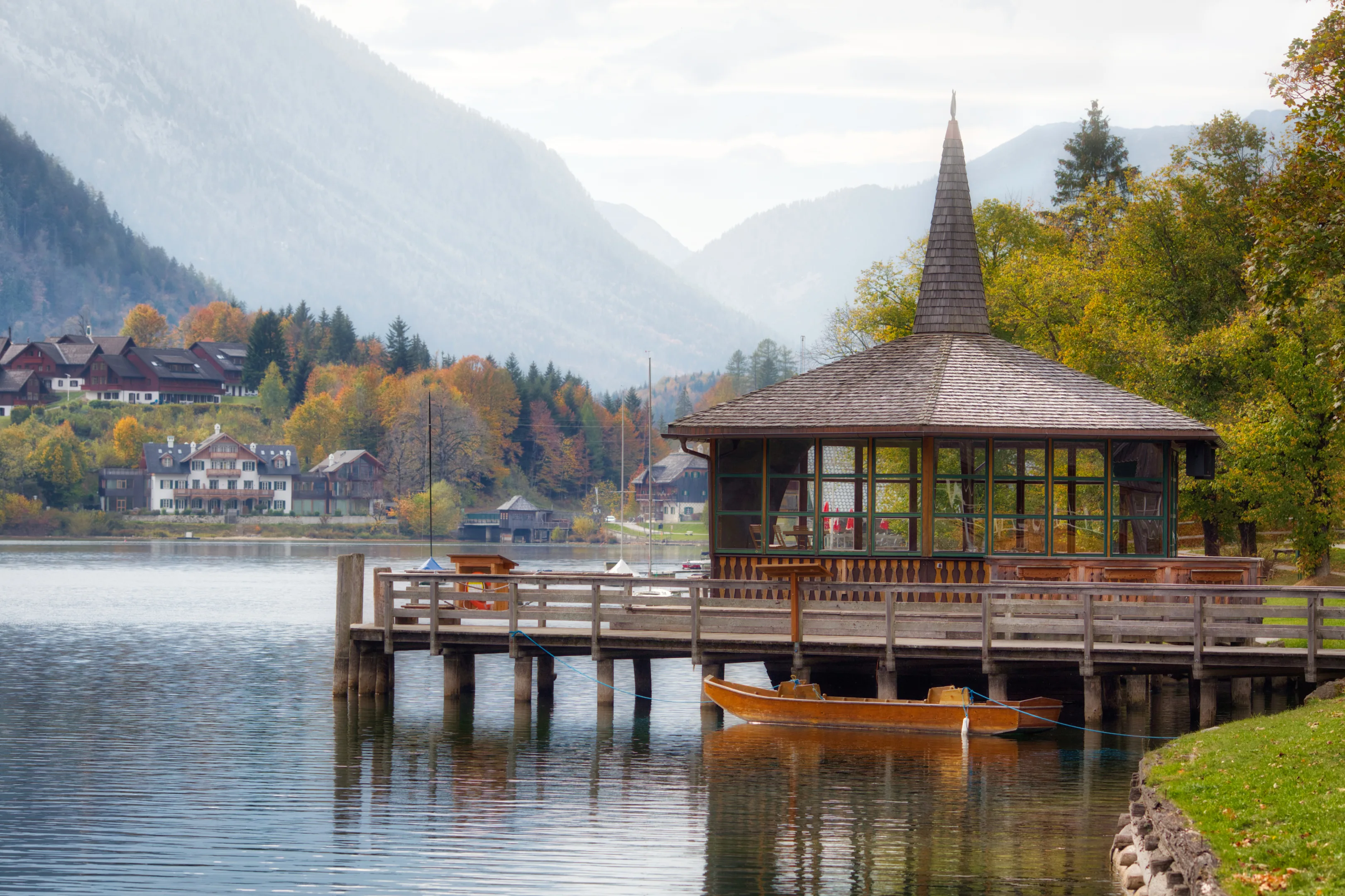 Gazebo Overlooking Salzkammergut Lake with Mountain Backdrop