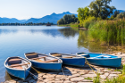 Blue Rowboats Beside a Calm Lake in Chiemsee