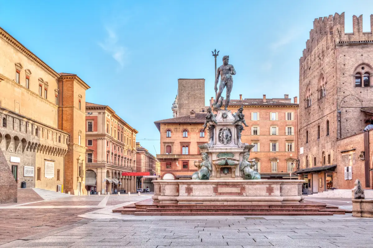A Town Square with a Statue of Neptune in the Center