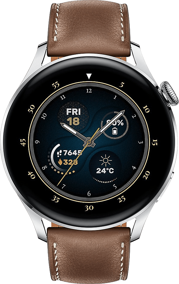 Braun Smartwatch Huawei Watch 3 Classic GPS, roestvrij stalen behuizing en lederen band, 46mm.2