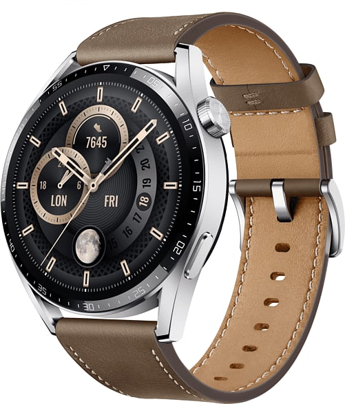 Braun Smartwatch Huawei GT3, Edelstahlgehäuse & Lederarmband, 46mm.1