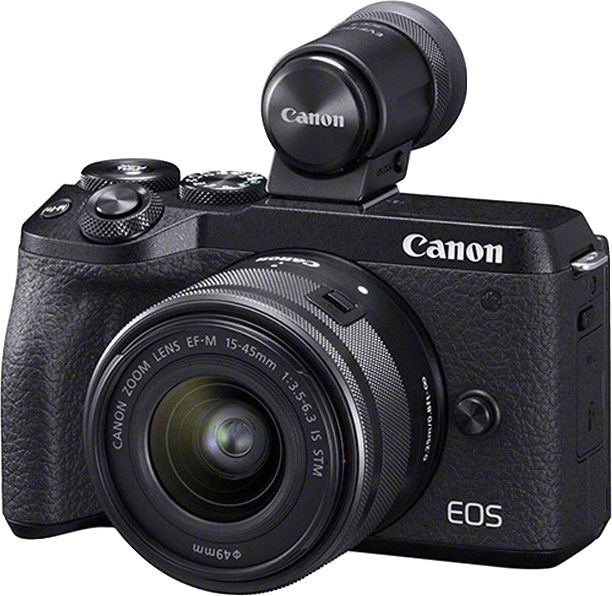 Canon EOS M6 Mark II + EF-M15-45mm + EVF-DC2. Cameratype: SLR camerakit, Megapixels: 32,5 MP, Type beeldsensor: CMOS, Maximale beeldresolutie: 6960 x 4640 Pixels. ISO gevoeligheid