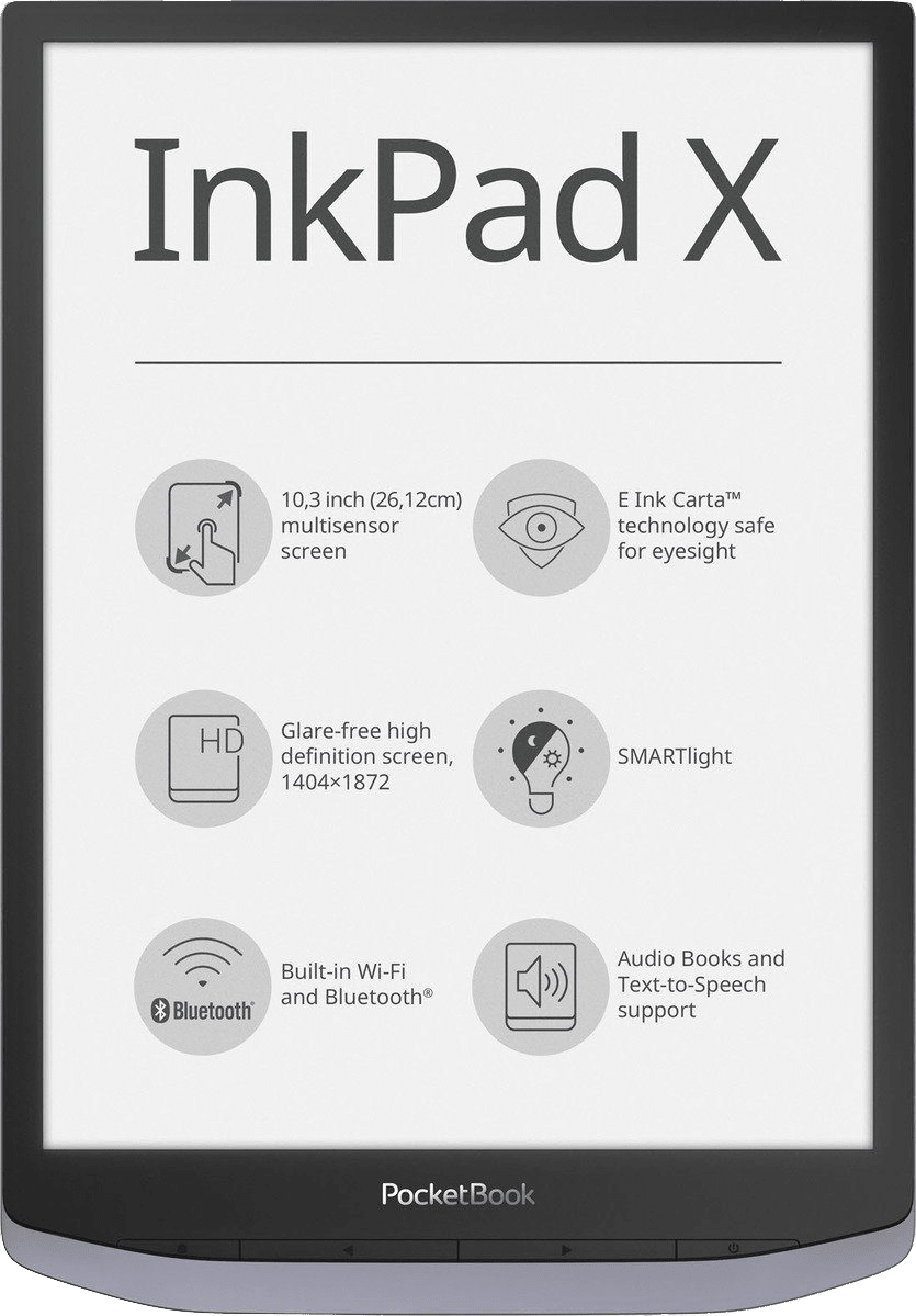 PocketBook InkPad X. Beeldschermdiagonaal: 26,2 cm (10.3"), Technologie: E Ink Carta, Resolutie: 1440 x 1872 Pixels. Ondersteunde documentformaten: DOC, DOCX, EPUB DRM, HTM, HTML,
