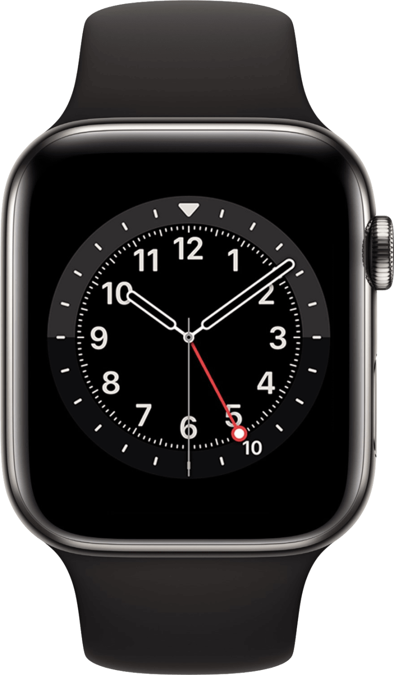 Apple Watch Series 6 44 mm kast van grijs roestvrij staal met zwart sportbandje [wifi + cellular]