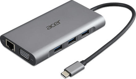 Acer 11in1 Type C dongle. Connectiviteitstechnologie: Bedraad, Hostinterface: USB 3.2 Gen 1 (3.1 Gen 1) Type-C, Type aansluitplug: 3,5 mm. Ethernet LAN, data-overdrachtsnelheden: 1