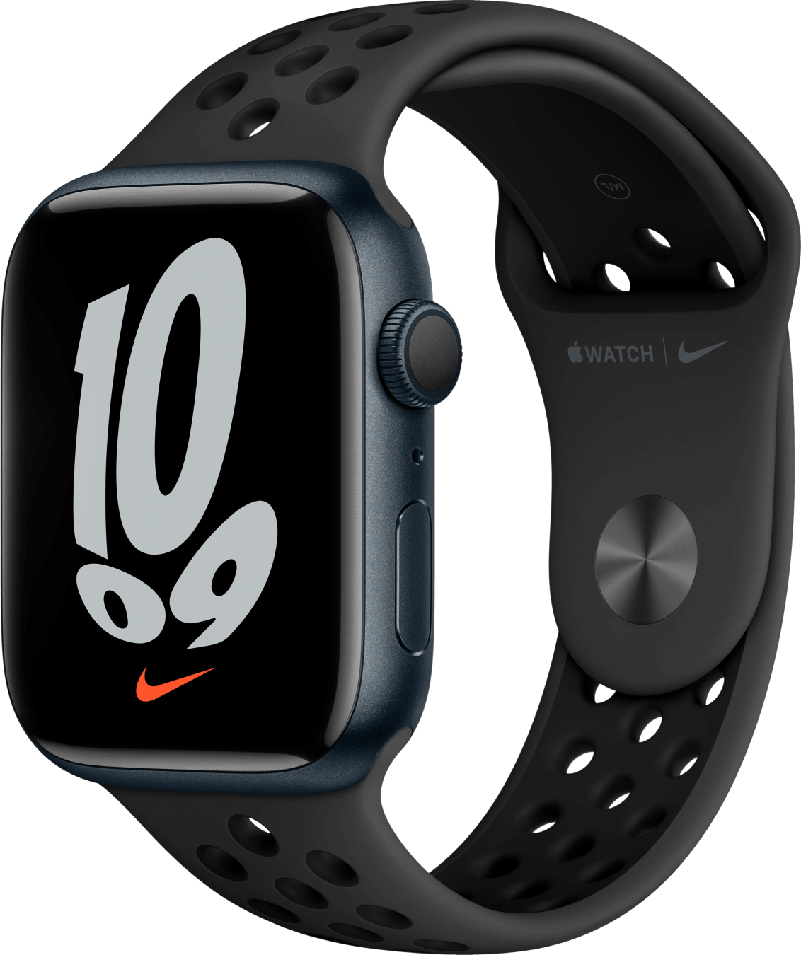 Apple Watch Nike 7 WiFi MKNC3FD/A - Aluminium, Ant./Zwart Sportbandje, 45 mm - Middernacht