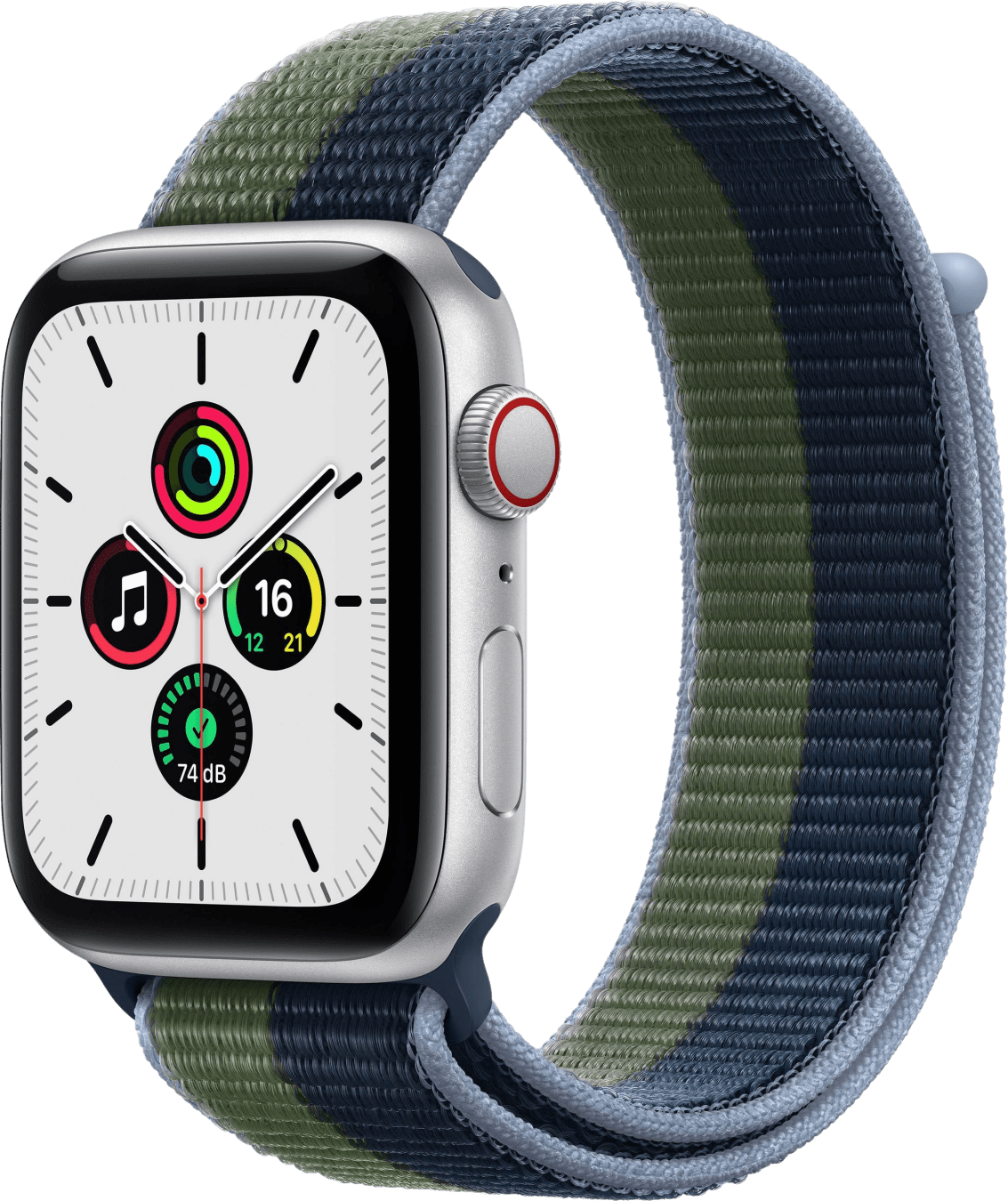 Apple Watch SE GPS + Cellular, Zilveren Aluminium behuizing en Sport Band, 44mm