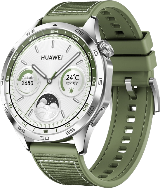 Huawei GT4 Smartwatch, Roestvrij stalen kast en groene geweven band, 46mm