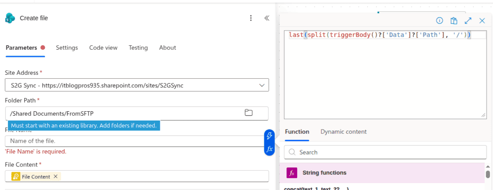 SharePoint Create file settings mapping the SFTP file name and content