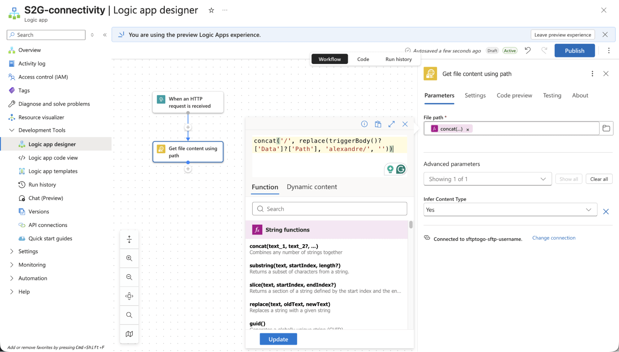 Logic Apps expression for the SFTP file path