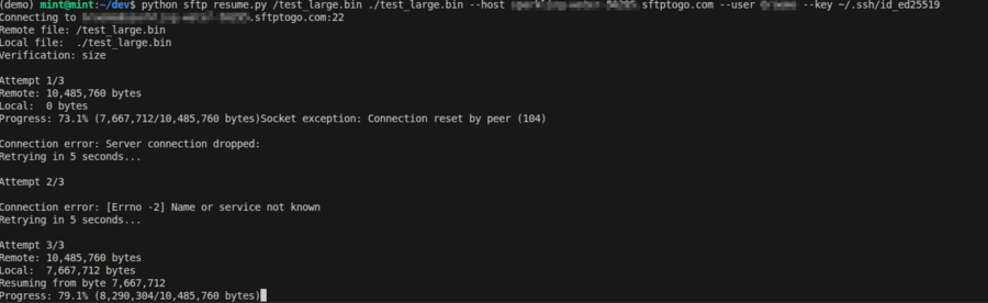resume interrupted sftp trransfers in paramiko