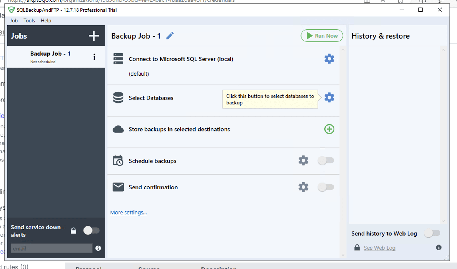 Accessing database settings via the SQLBackupAndFTP Job tab