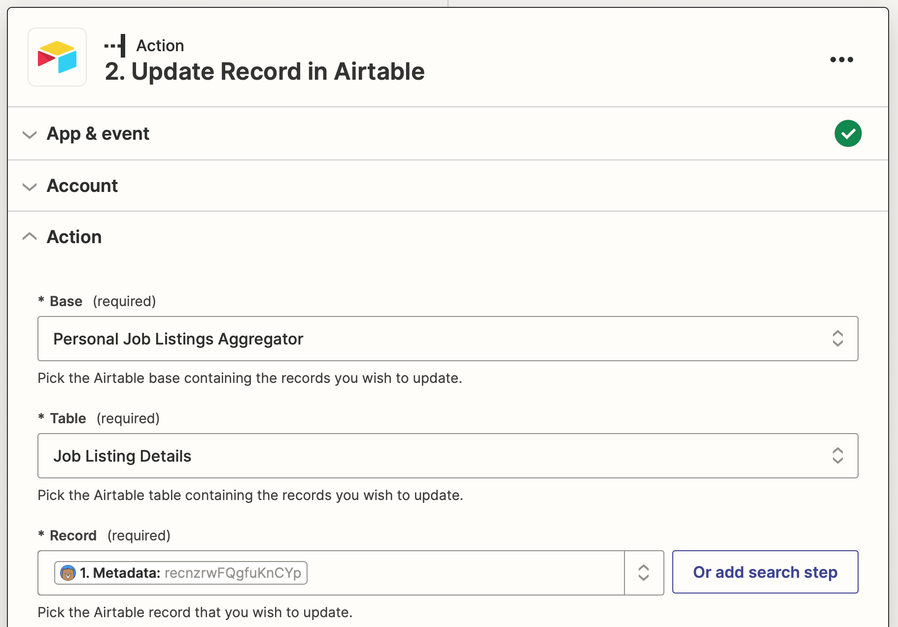 Screenshot of Zapier Airtable update record action setup