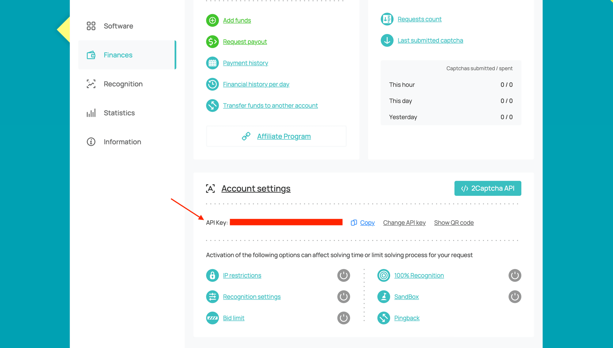 Screenshot of 2Captcha dashboard with red arrow pointing to API Key