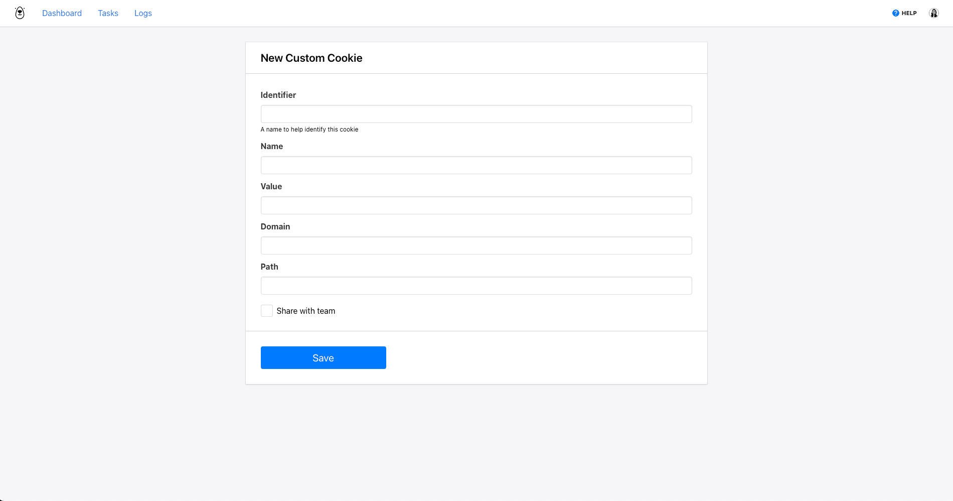 Screenshot of Browserbear app New Custom Cookie page