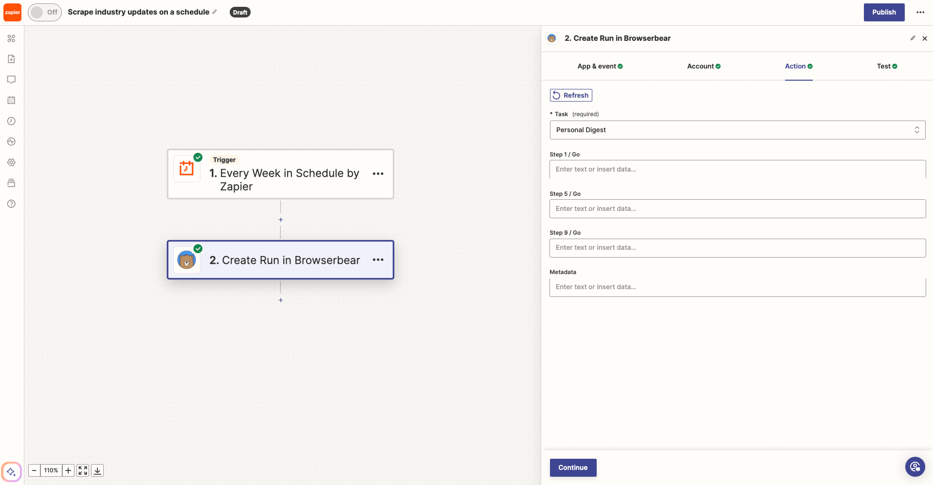 Screenshot of Zapier Browserbear create run action