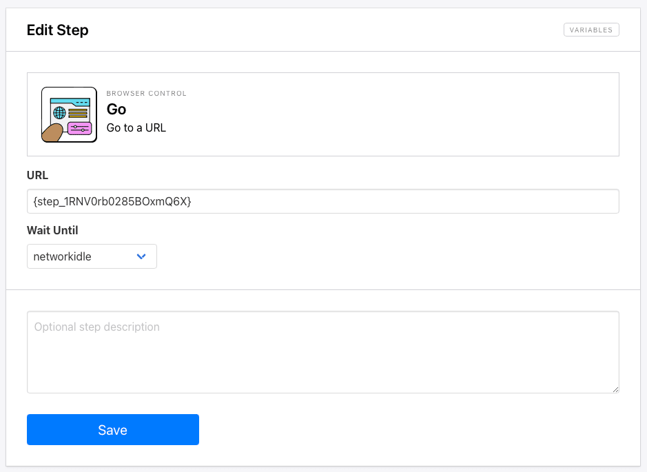Screenshot of Browserbear go step with variable as URL