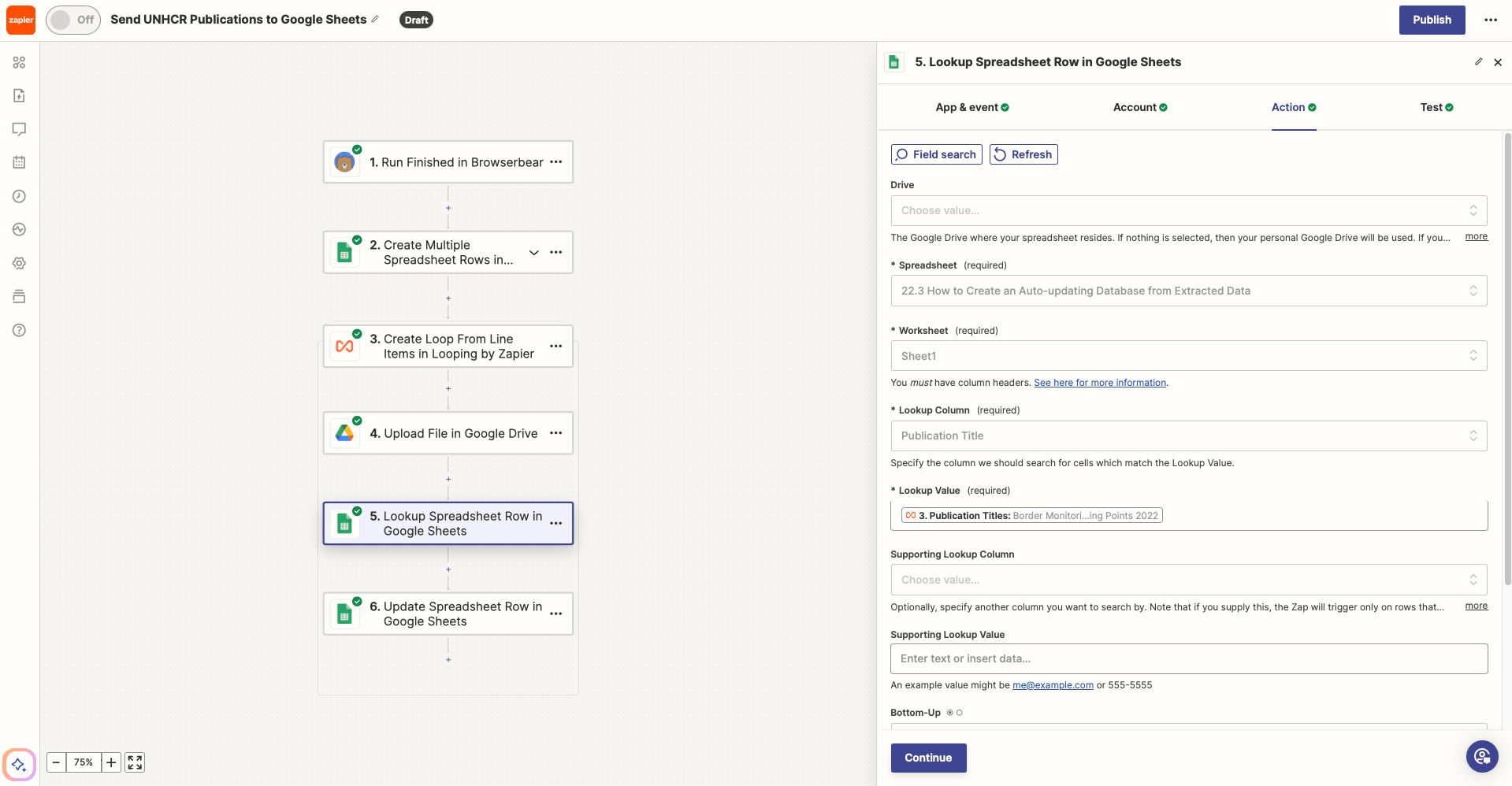 Screenshot of Zapier Google Sheets lookup spreadsheet row action