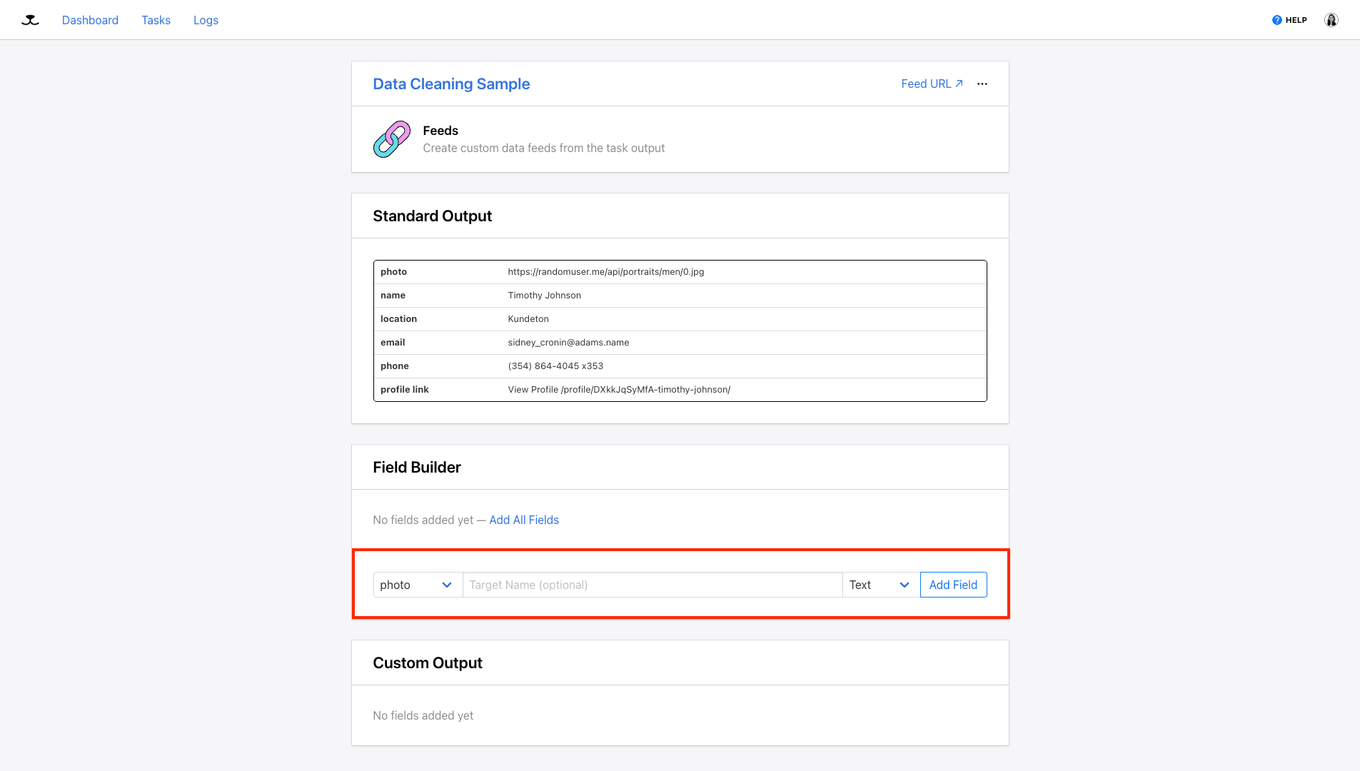 Screenshot of Roborabbit feeds page with field builder outlined in red