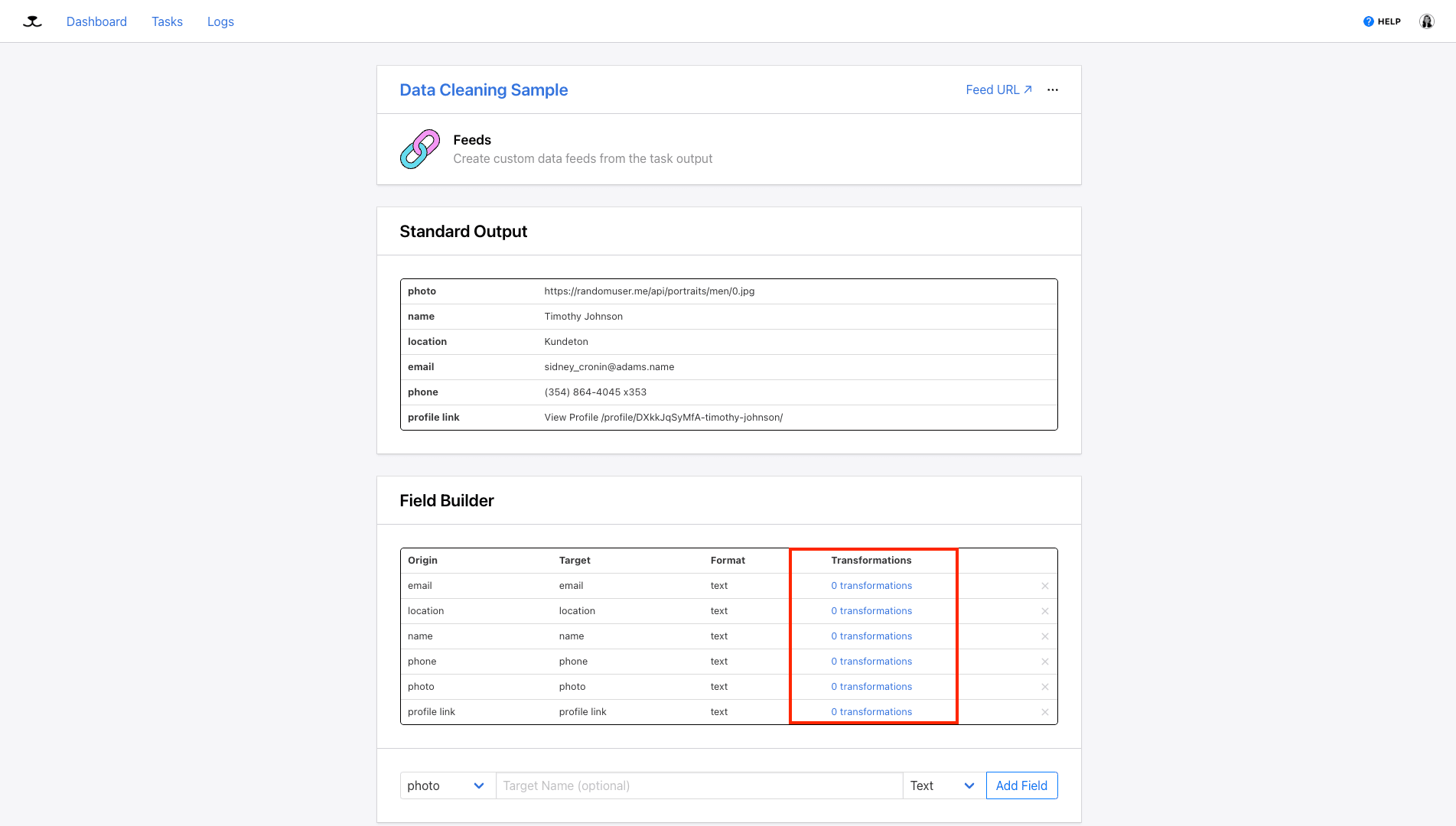 Screenshot of Roborabbit feed setup page with transformations outlined in red