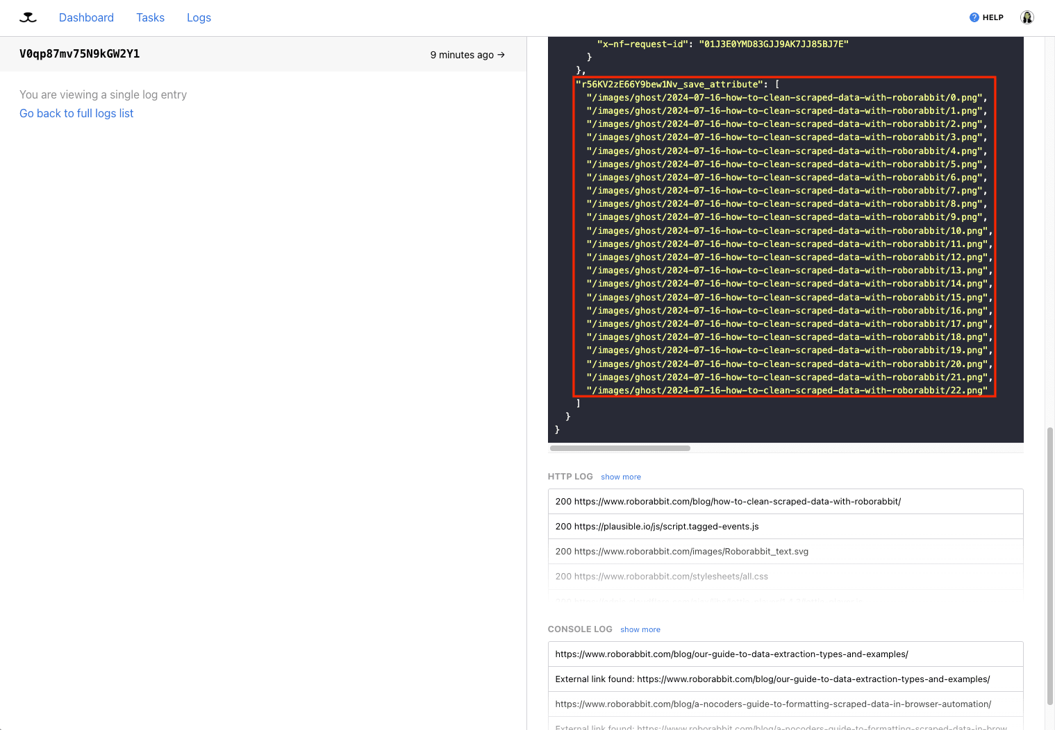 Screenshot of Roborabbit log with save attribute output outlined in red