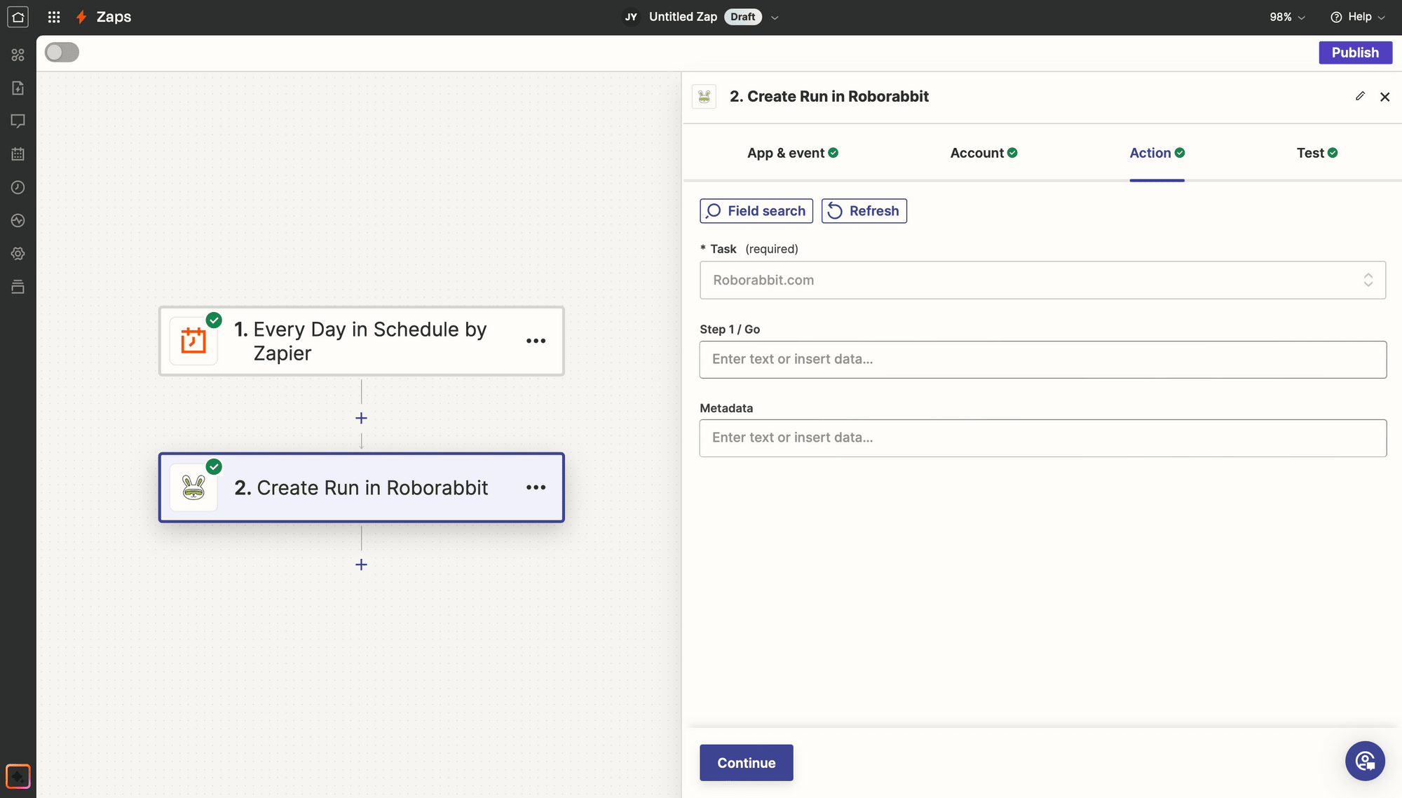 Screenshot of Roborabbit create run action setup