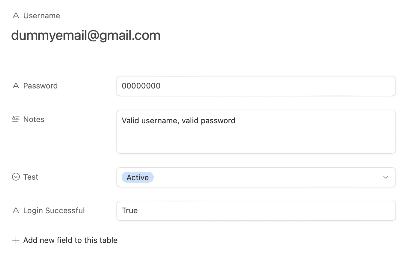 Screnshot of Airtable login credentials record