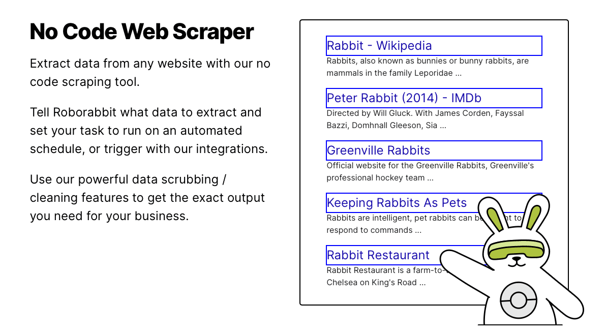 Screenshot of Roborabbit web scraping landing page