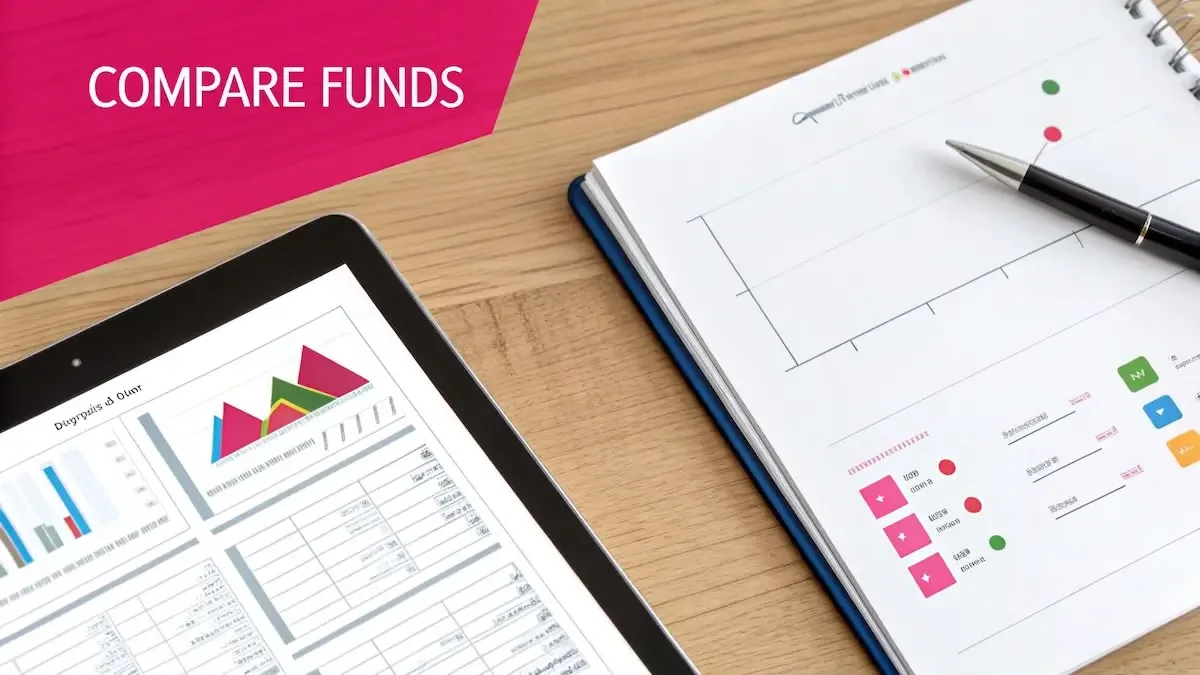 A magnifying glass hovering over various financial charts, symbolizing a close analysis and comparison of index funds.