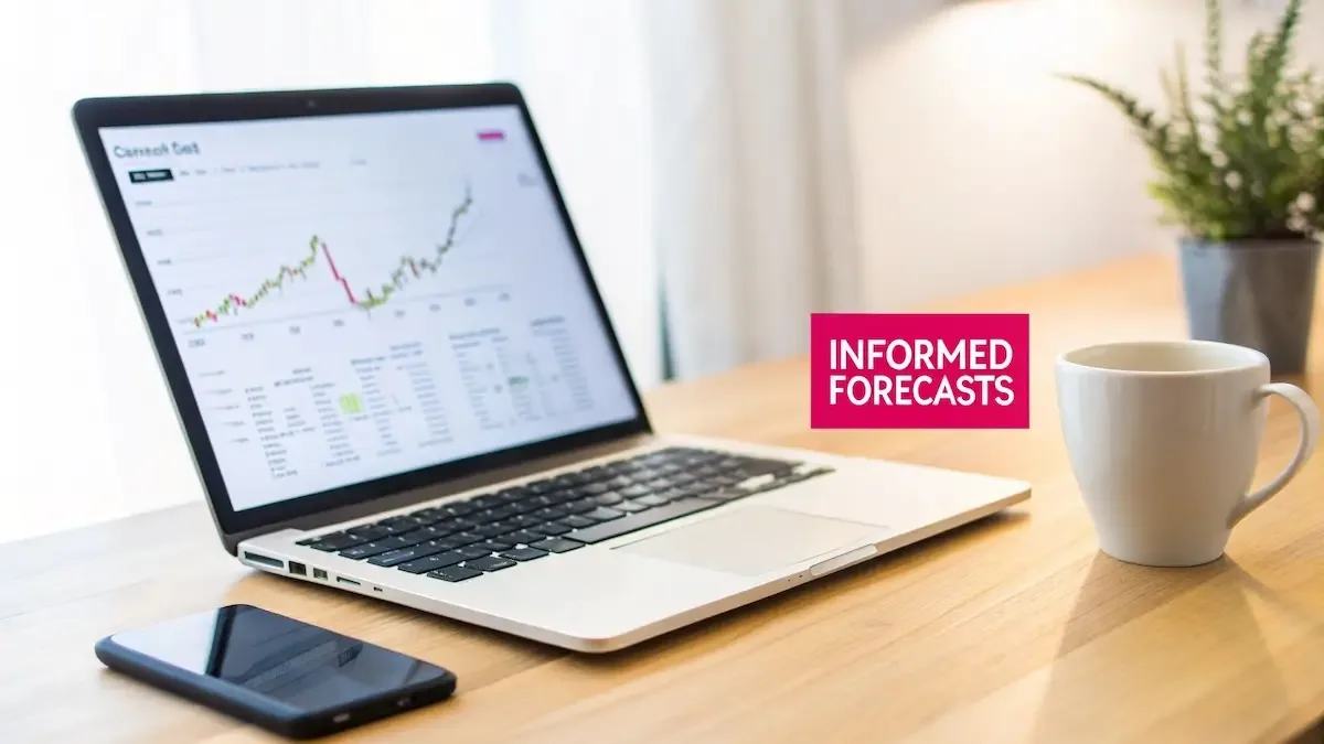 A person analyzing complex financial charts and data on multiple screens, representing the act of forecasting stock prices.