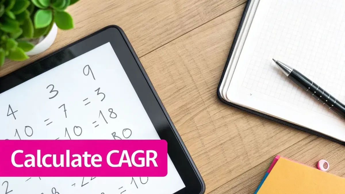 A person using a calculator with financial charts and graphs in the background, illustrating the step-by-step process of calculating investment growth.